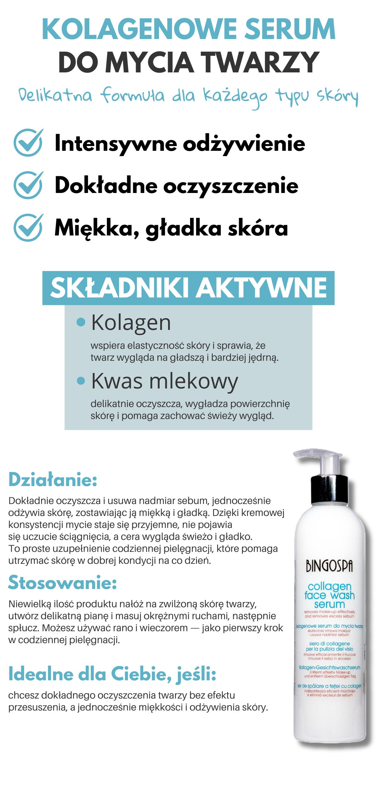 Kolagenowe serum BINGOSPA do mycia twarzy o kremowej, puszystej konsystencji i subtelnym zapachu zawiera czysty kolagen i kwas mlekowy. Skutecznie zmywa makijaż i usuwa nadmiar sebum.