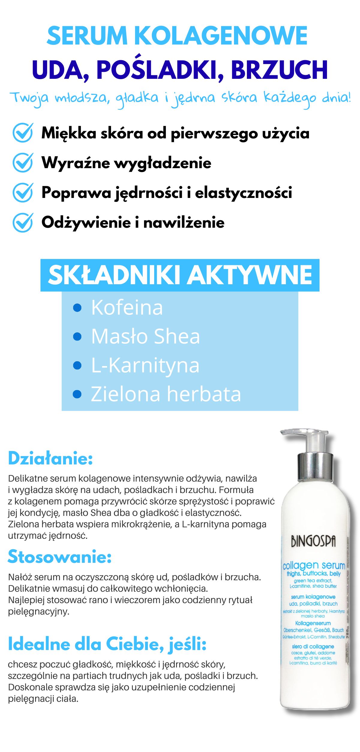 Serum kolagenowe BINGOSPA zawierające wysokowartościowe, naturalne składniki aktywne skutecznie zmniejszające objawy cellulitu na brzuchu, udach i pośladkach.