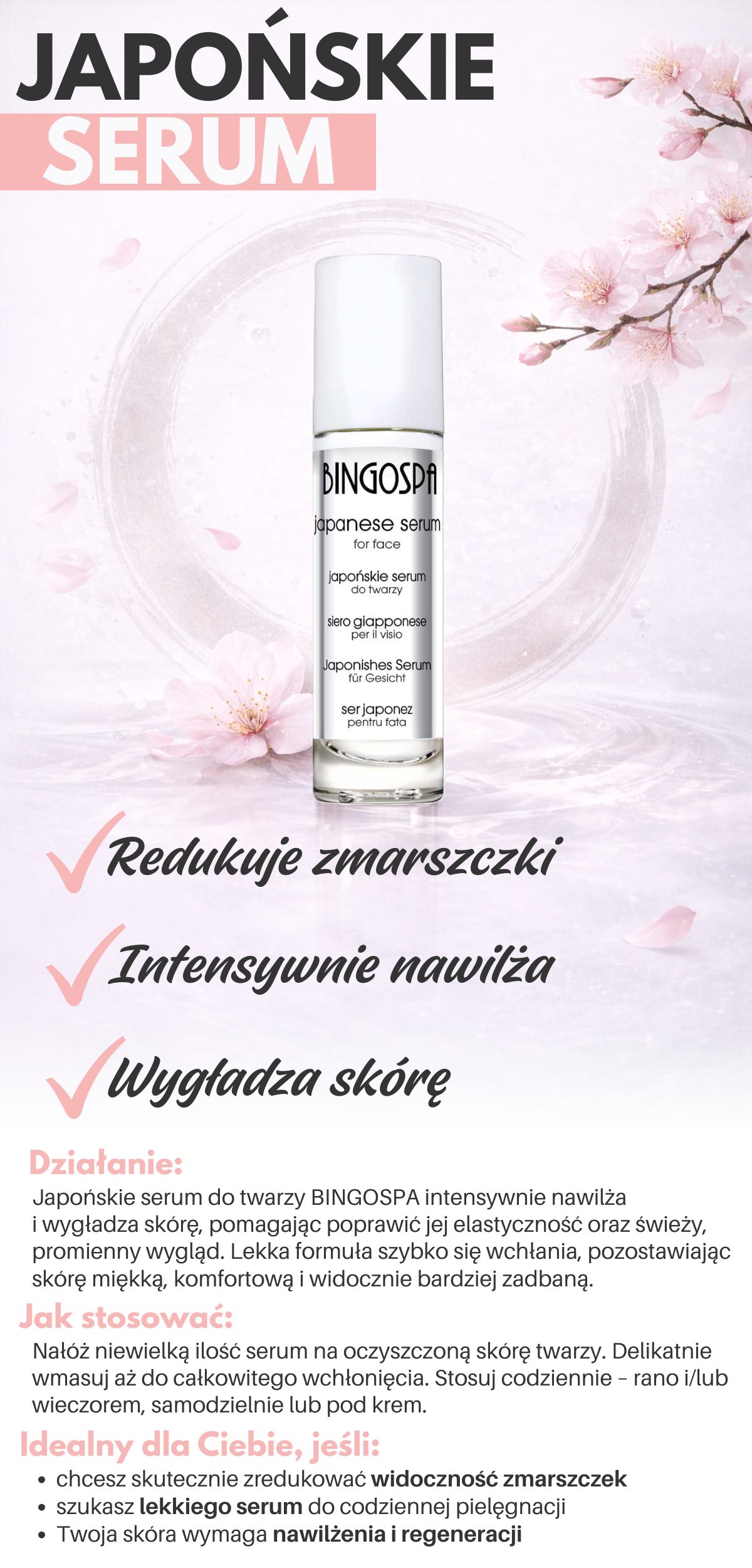 japońskie serum to bogate źródło skoncentrowanych substancji aktywnych. Podane w postaci lekkiego kremu łatwo się wchłania i szybko przenosi w głąb skóry aktywne składniki odżywiające i regenerujące komórki skóry. Stosowanie zaleca się wtedy, kiedy skóra potrzebuje intensywnej pielęgnacji.