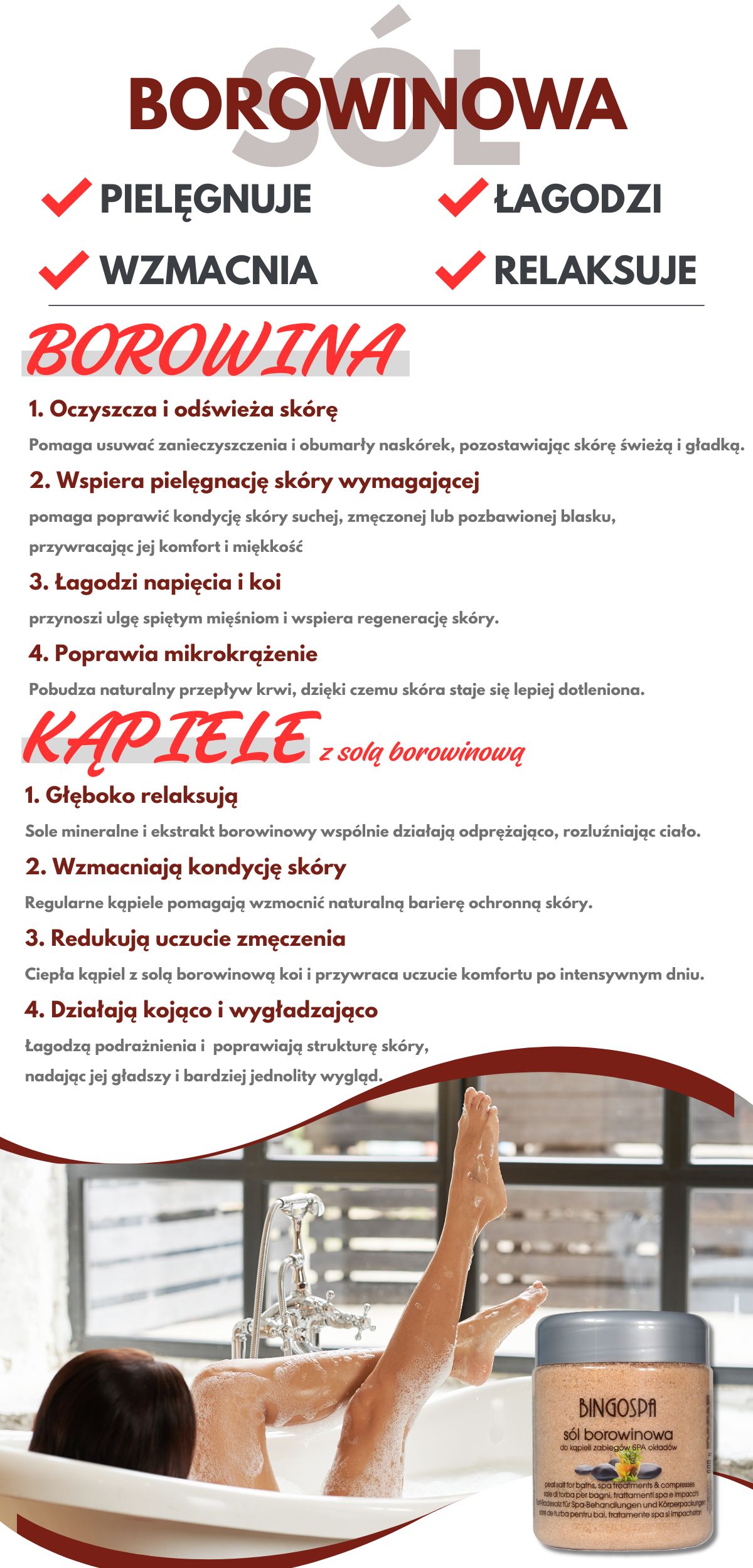 Sól borowinowa do kąpieli, zabiegów SPA i okładów. Borowina wspaniale pielęgnuje skórę przeciwdziałając starzeniu się skóry i poprawia jędrność skóry, która staje się napięta i gładka.