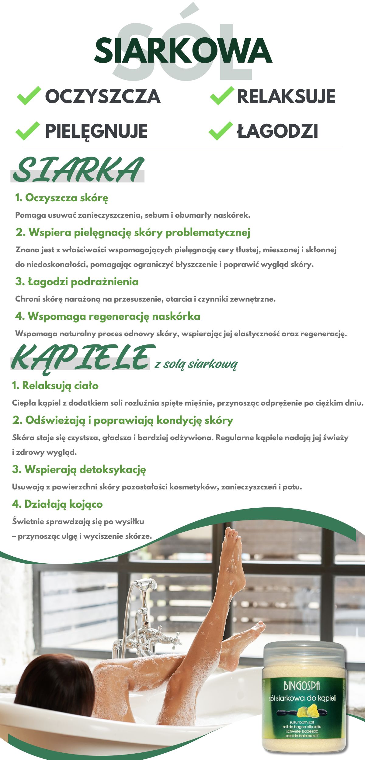 Sól siarkowa do kąpieli BINGOSPA w naturalny sposób regeneruje i złuszcza zrogowaciały naskórek, nadając mu miękkość, gładkość i elastyczność.